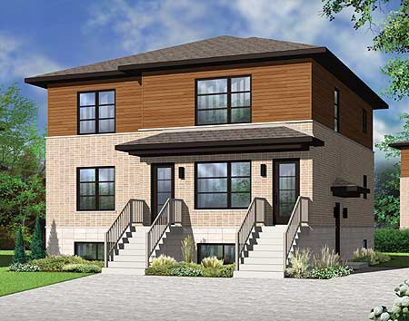 Modern two-story house plan exterior featuring brick and wood siding, dual entry staircases, and dark-framed windows.