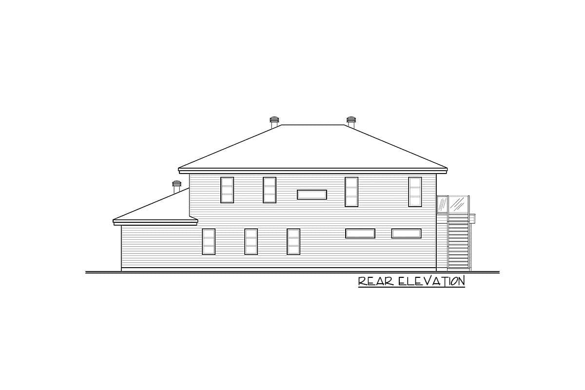Rear elevation drawing of a two-story house with horizontal siding, a hip roof, two chimneys, and a deck with stairs.