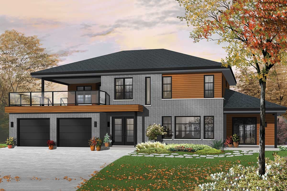 House plan exterior: Two-story home with a flat roof, two-car garage, upper-level balcony, and a mix of brick and wood siding.