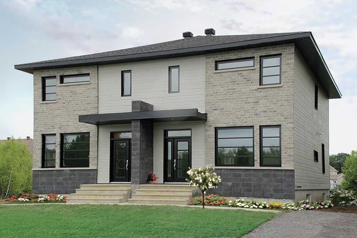 House plan exterior for a two-story modern duplex with contrasting siding, stone base, and dual entrances.