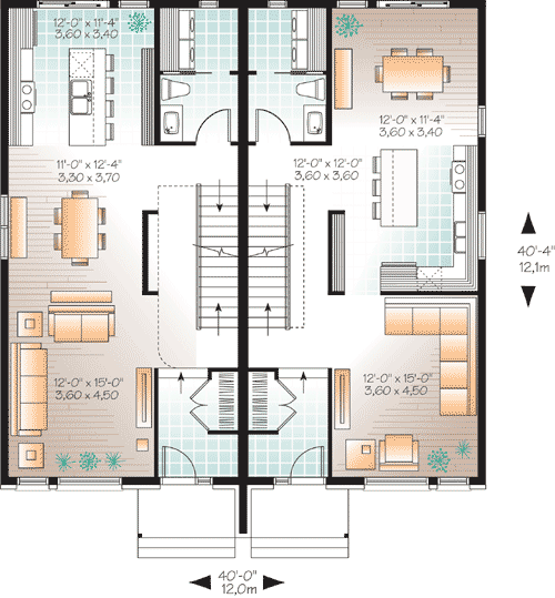 Plan 22327DR: 40-Foot-Wide Duplex House Plan with 3 Bed Units - 1553 Sq Ft and 1597 Sq Ft - Floor Plan - Main Level