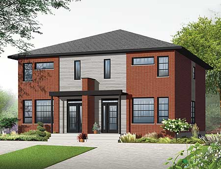 Modern two-story house plan exterior with brick and horizontal siding, dual entrances, and large windows.