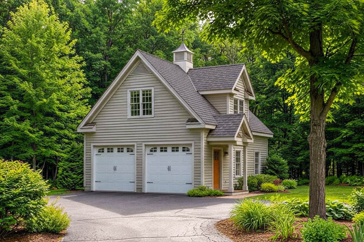 Garage Exterior with two-car garage, gambrel roof, cupola, and dormer windows.