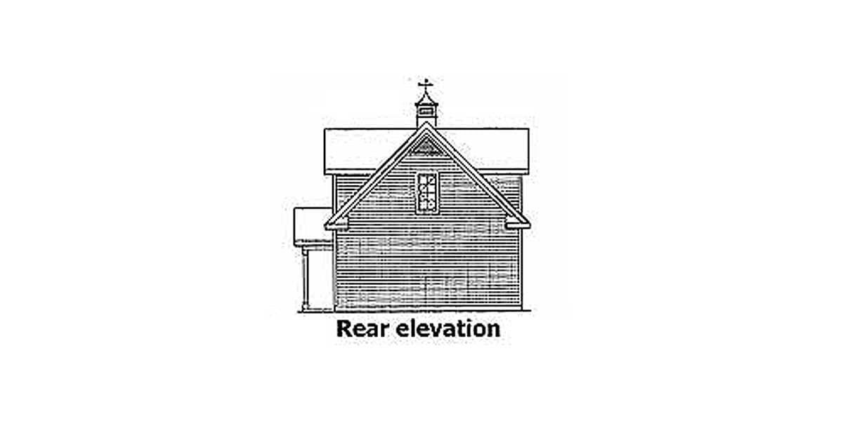 Rear elevation drawing of a house with a gable roof, dormer window, and cupola.