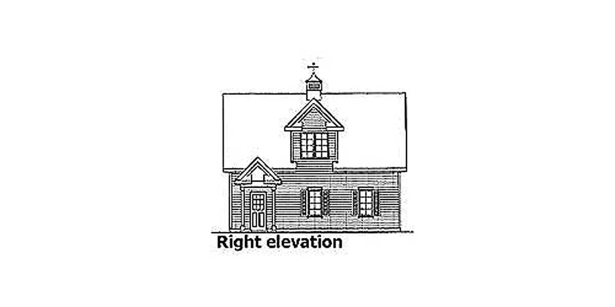 Right elevation drawing of a house plan featuring a gable dormer, paneled door, and multi-pane windows.