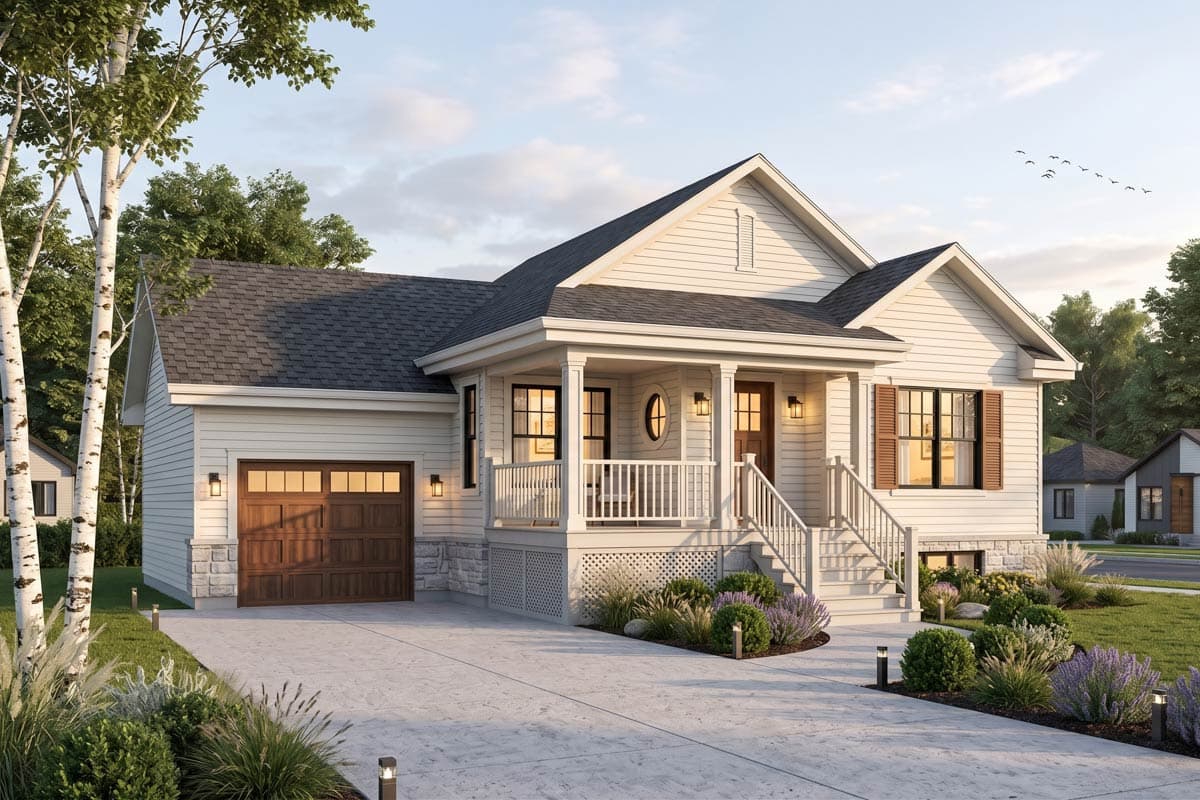 House plan exterior: One-story Modern Farmhouse with attached garage, covered front porch with columns, and wide stairs.