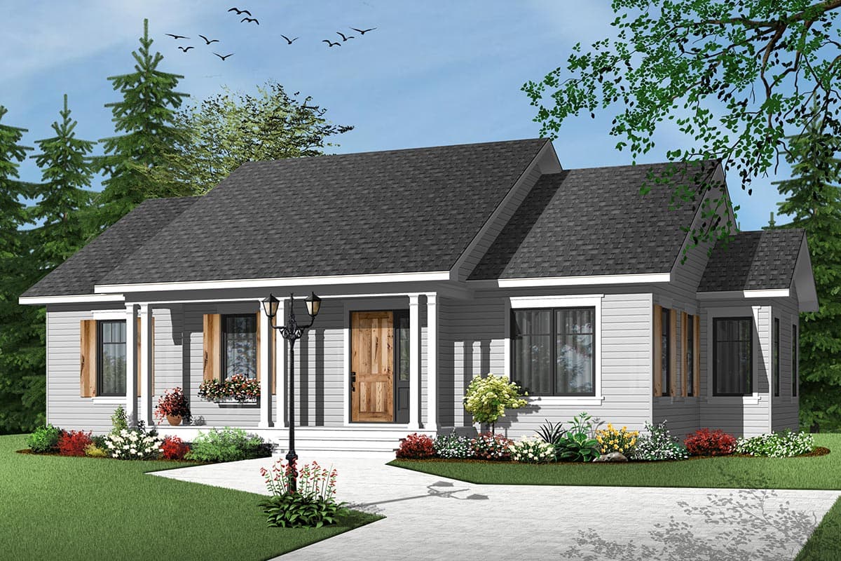 House plan exterior. Ranch style with a front porch, wood shutters, and gables. One story with a dark gray roof and light gray siding.