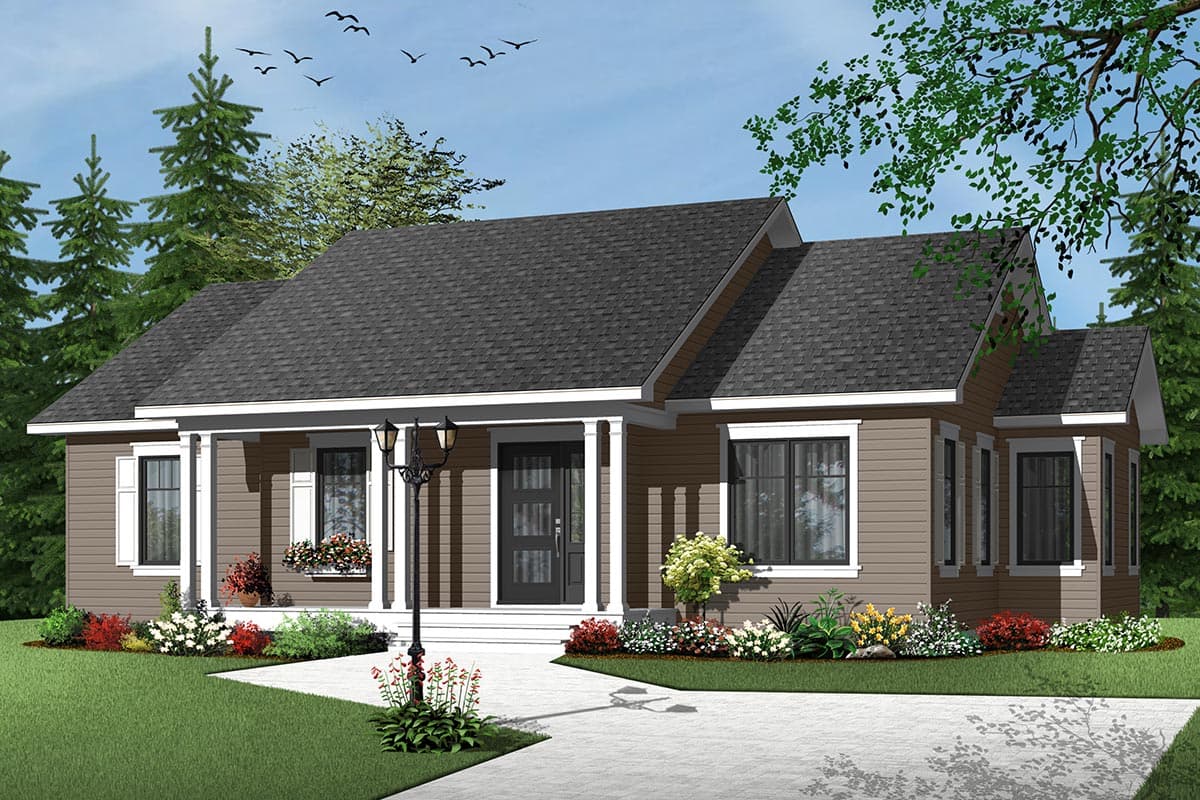 Ranch house plan exterior with a covered front porch, gabled rooflines, and multiple dormers.