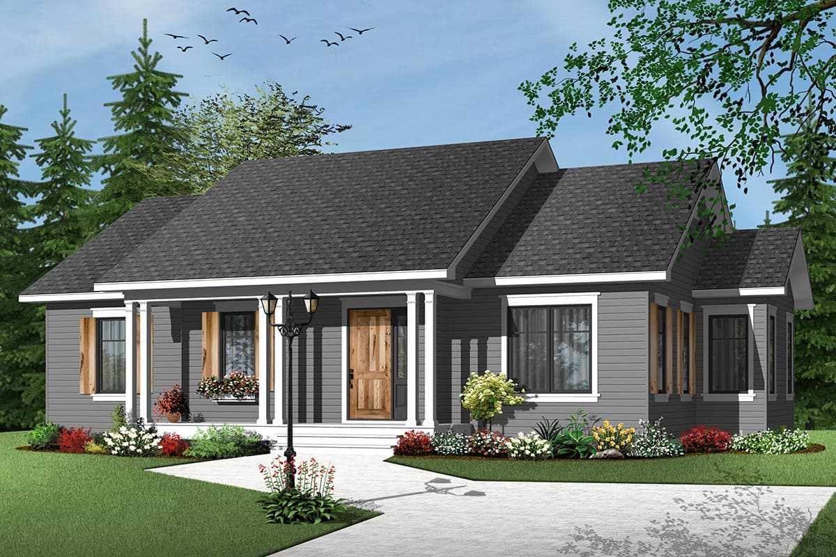 House plan exterior: one-story home with a covered front porch supported by columns, visible gables, and dark asphalt shingles.