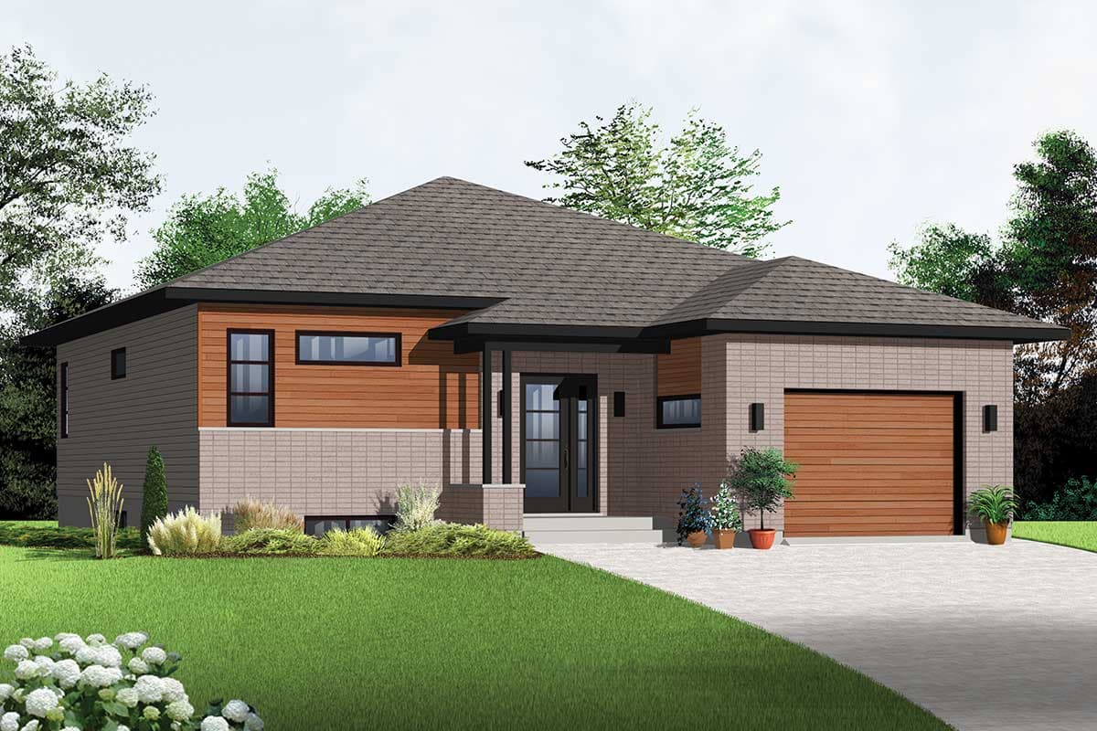 House plan exterior: One-story modern home with a covered porch, brick and wood siding, and an attached one-car garage.