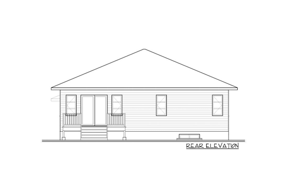 Rear elevation drawing of a single-story house with a porch, sliding doors, and multiple windows.