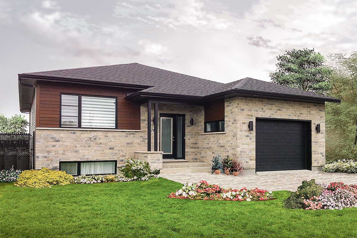 House plan exterior: Modern style, two-story, with brick and wood siding, covered entry porch, and attached garage.