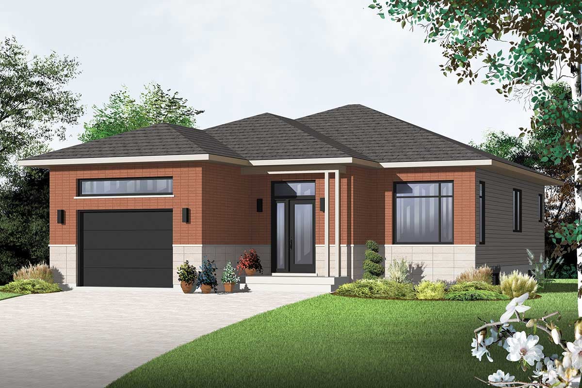 Modern ranch house plan exterior with brick facade, side garage, and covered entry.