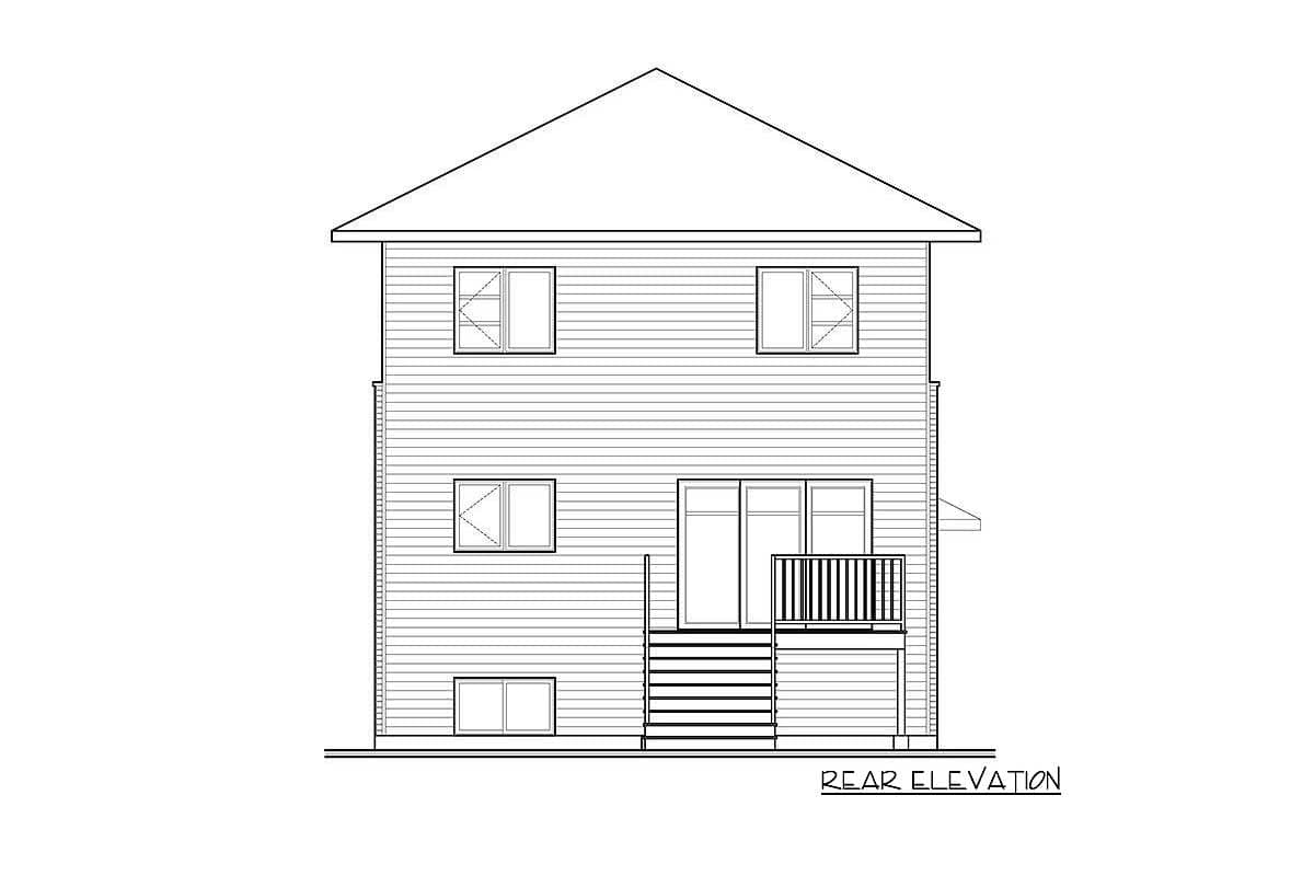 Rear elevation drawing of a two-story house with horizontal siding, multiple windows, sliding doors, a deck with railing, and a garage.