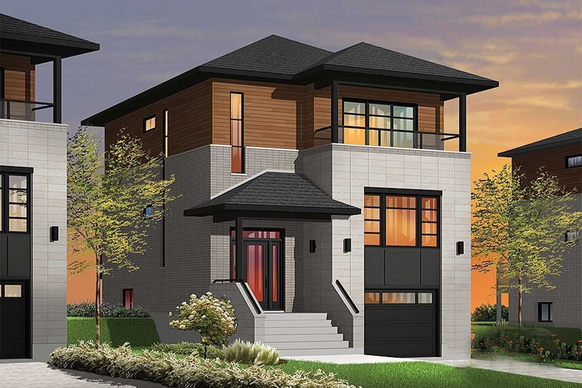 House plan exterior. Two-story Modern house with wood siding, a flat roof, and a second-story balcony. Features a single-car garage and entry portico.