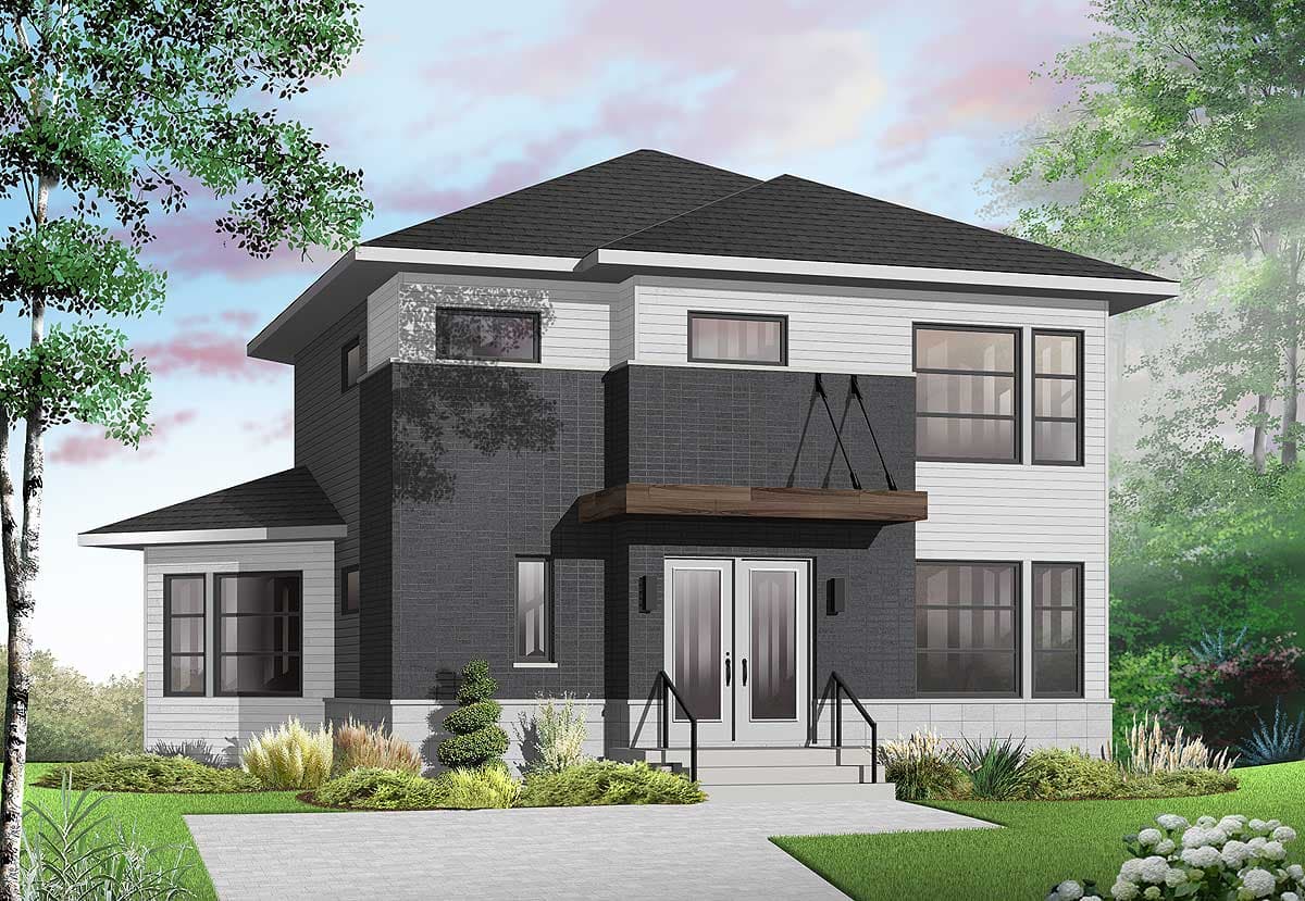 Modern house plan exterior: two stories, dark brick facade, horizontal siding, gabled roof, and prominent canopy over double doors.