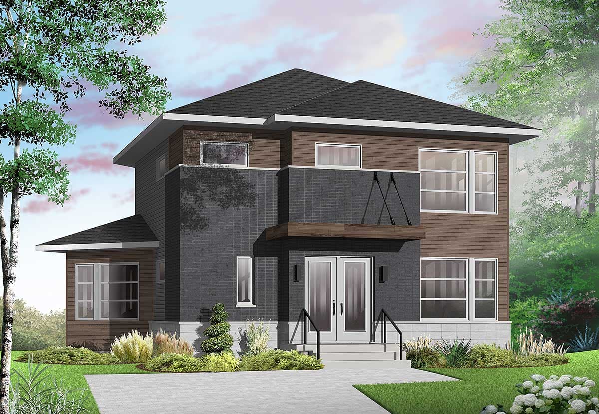 Modern two-story house plan exterior with stone, wood siding, a prominent entrance, and multiple windows.