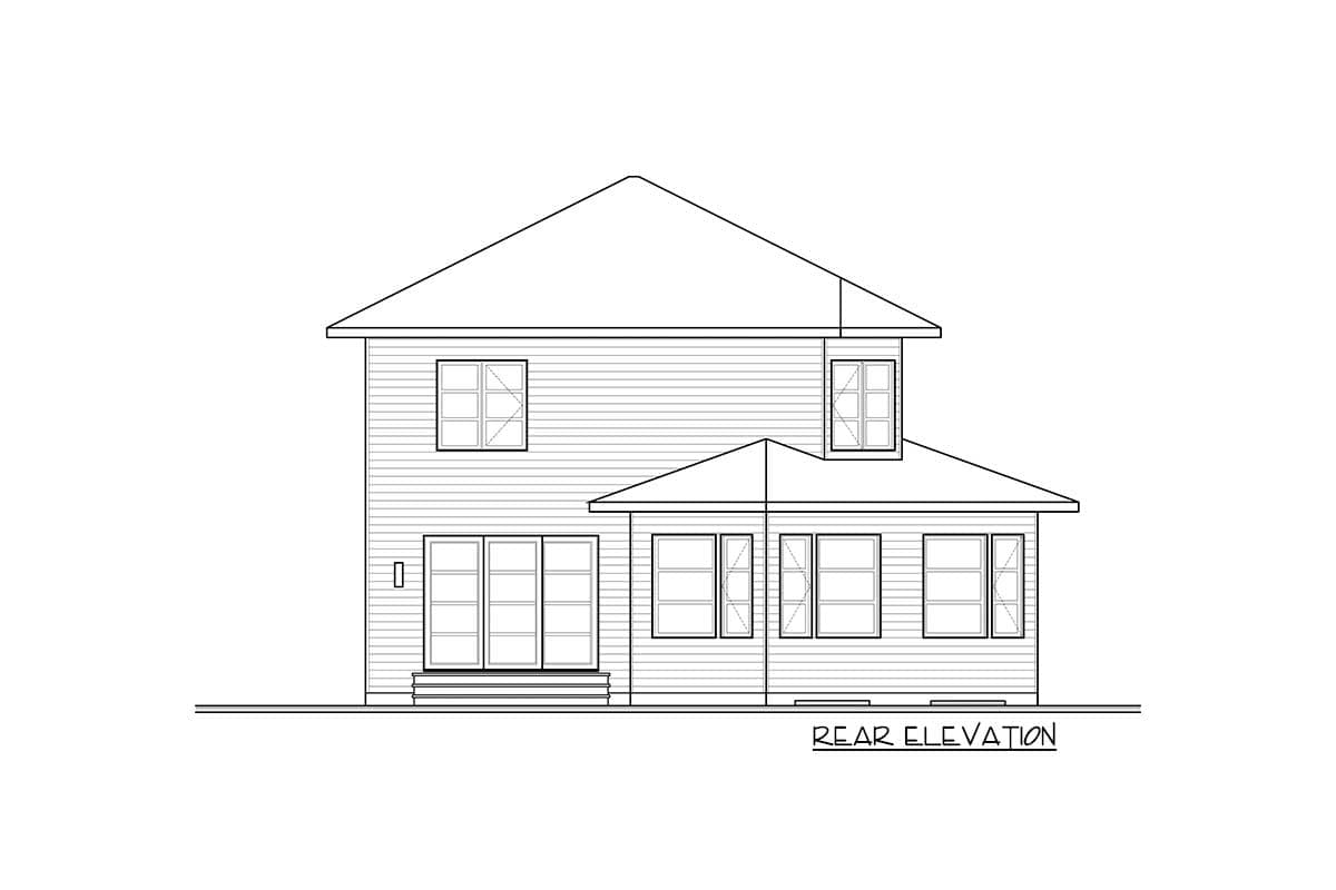 Rear elevation drawing of a two-story house plan with horizontal siding, multiple windows, and a prominent gable roof.