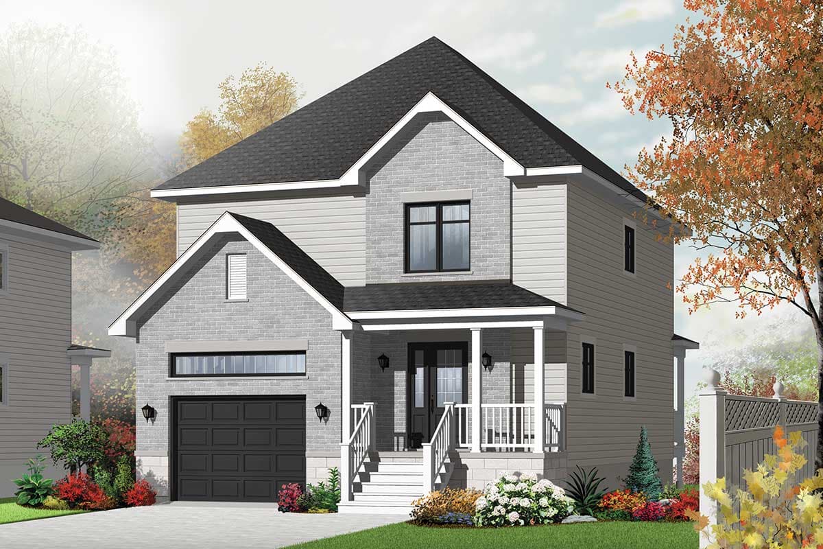 Two-story house plan exterior with a gabled roof, side-facing garage, covered front porch, and mixed siding and brick facade.