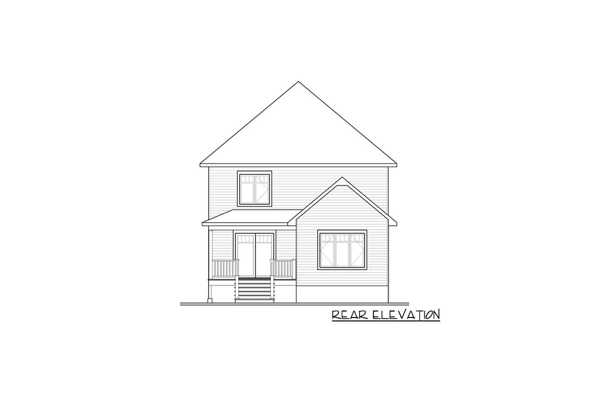Rear elevation drawing of a two-story house with a gabled roof, porch, and multiple windows.