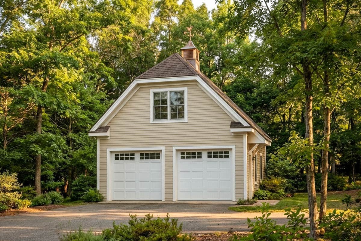 Two-car garage exterior with gabled roof, dormer window, and cupola topped with a weather vane.