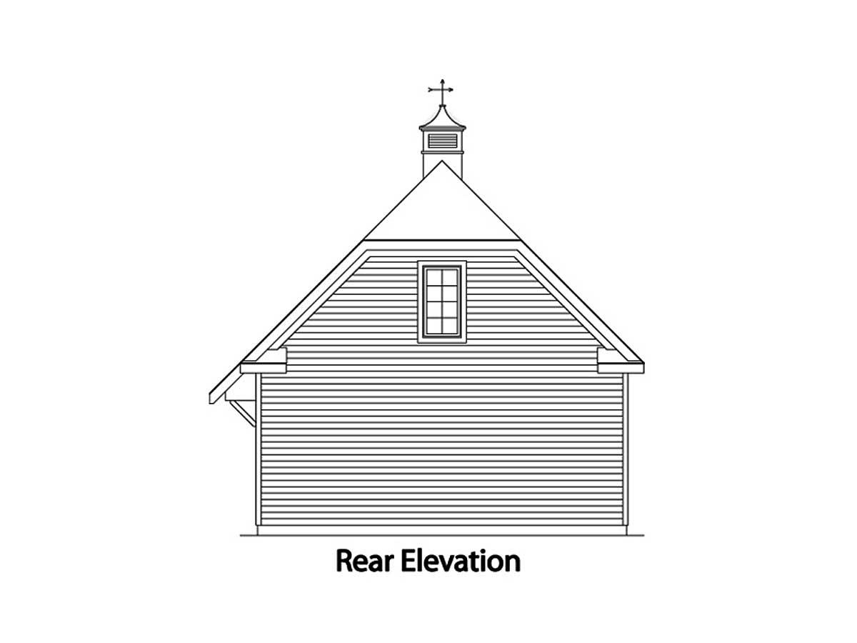 Rear elevation drawing of a house plan with a gambrel roof, a central dormer window, and a cupola with a cross.