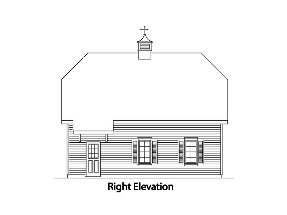 Right elevation house plan drawing with a gambrel roof, cupola, a door, and two windows with shutters.