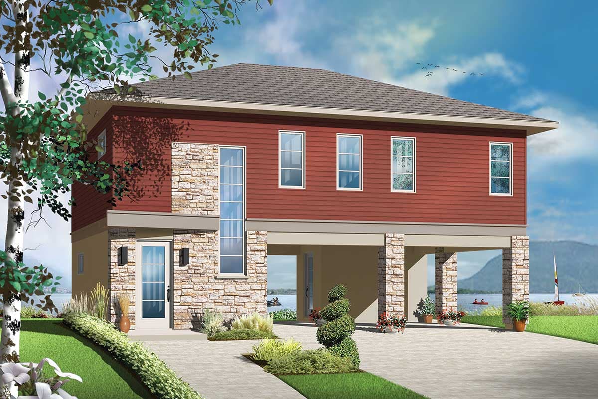 House plan exterior: two-story home with stone accents, wide covered entry, and drive-under garage supported by stone columns.