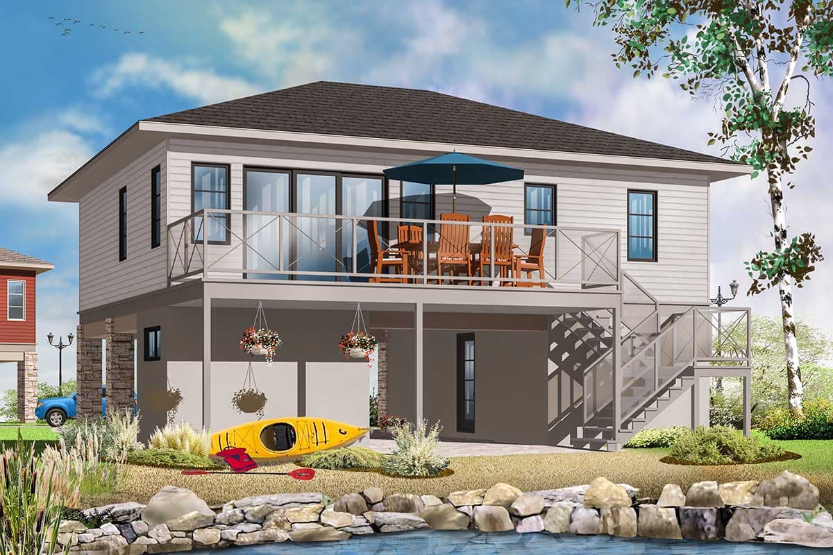 House plan exterior: Two-story home with wraparound deck, extensive staircases, and lower-level open area.