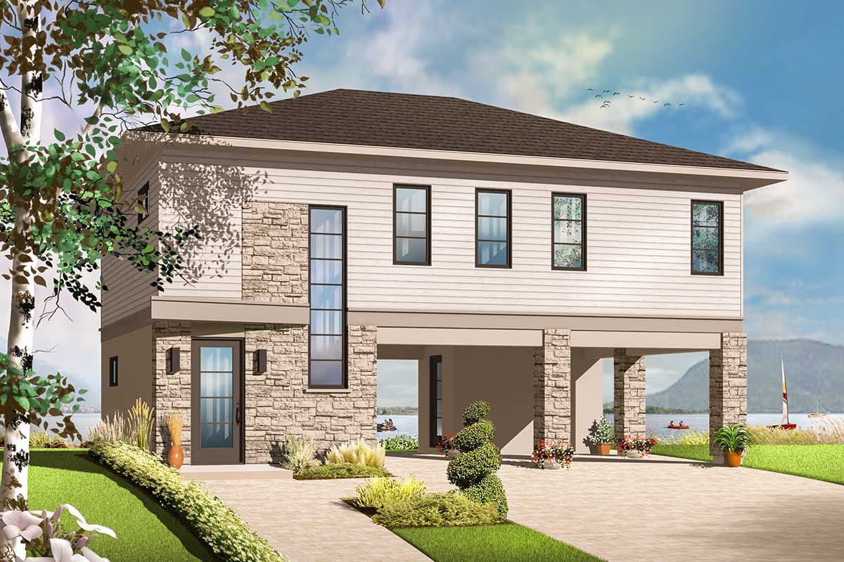 House plan exterior. Two-story with stone facade accent. Features include a covered porch, stone pillars, and a flat roofline.