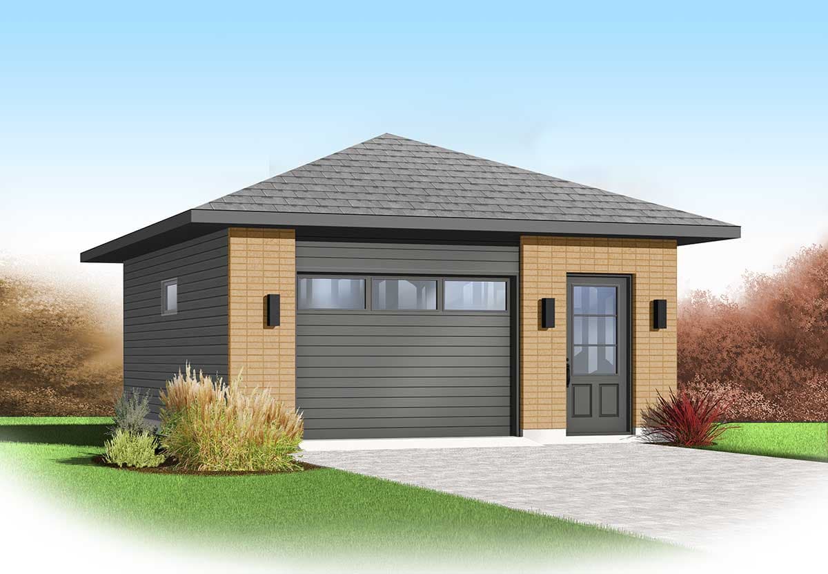 Garage plan exterior with single garage door, pedestrian door, brick and siding exterior, and hip roof.