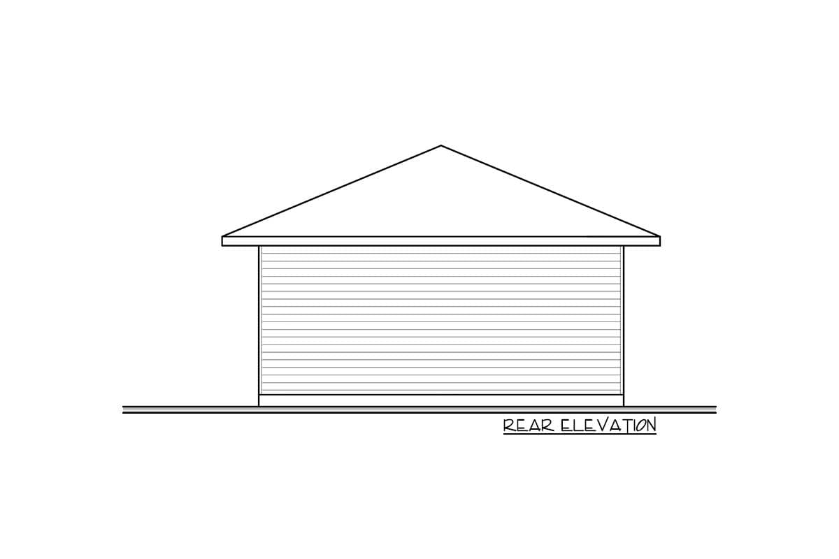 Rear elevation drawing of a house with horizontal siding and a gabled roof.
