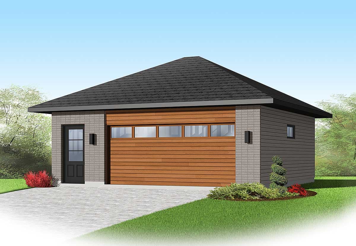 House plan exterior: Single-story garage with a pitched roof, brick and horizontal siding, and a wood-grained garage door with horizontal windows.