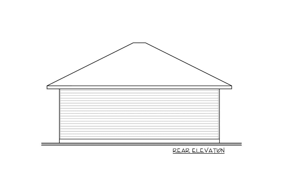 Rear elevation drawing of a house with horizontal siding and a simple hip roof.