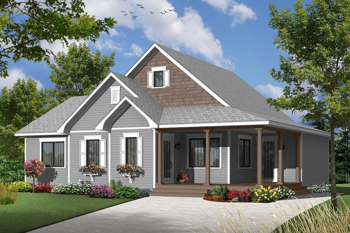 House plan exterior: A one-and-a-half-story dwelling with a covered front porch, multiple gables, and dormer windows.