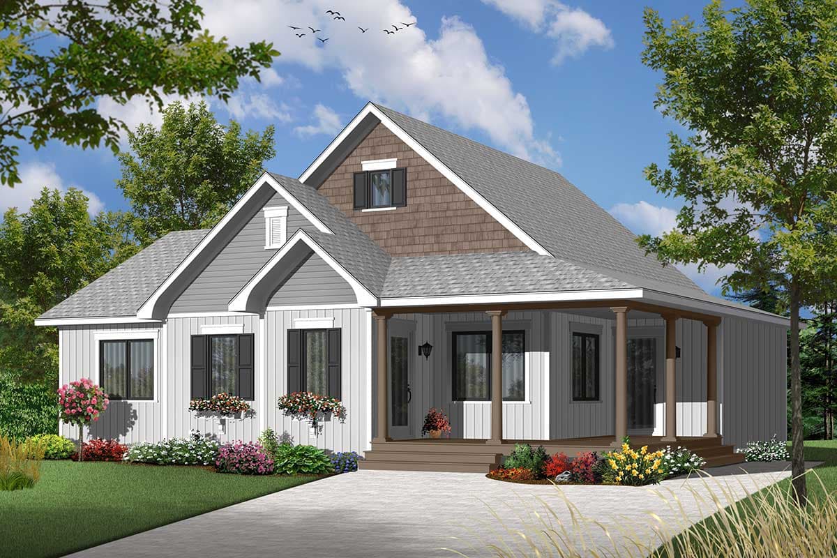 House plan exterior. A one-story house with a Craftsman style, front porch with columns, gables, and shake siding.