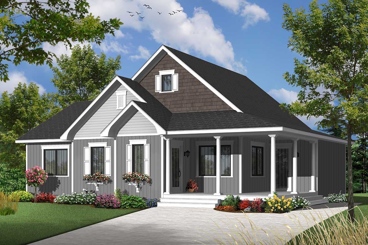 House plan exterior: One-story home with a wrap-around porch, gabled dormer, and varied roofline.