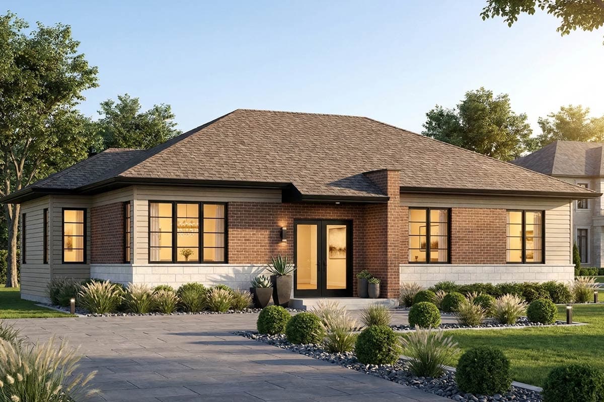 House plan exterior: Ranch-style, single-story with brick and siding, hipped roof, and double front doors.