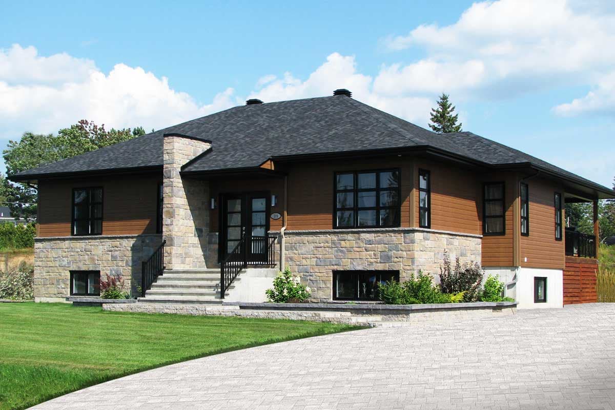 House plan exterior: Modern style two-story home with stone and wood siding, large windows, and covered porch.
