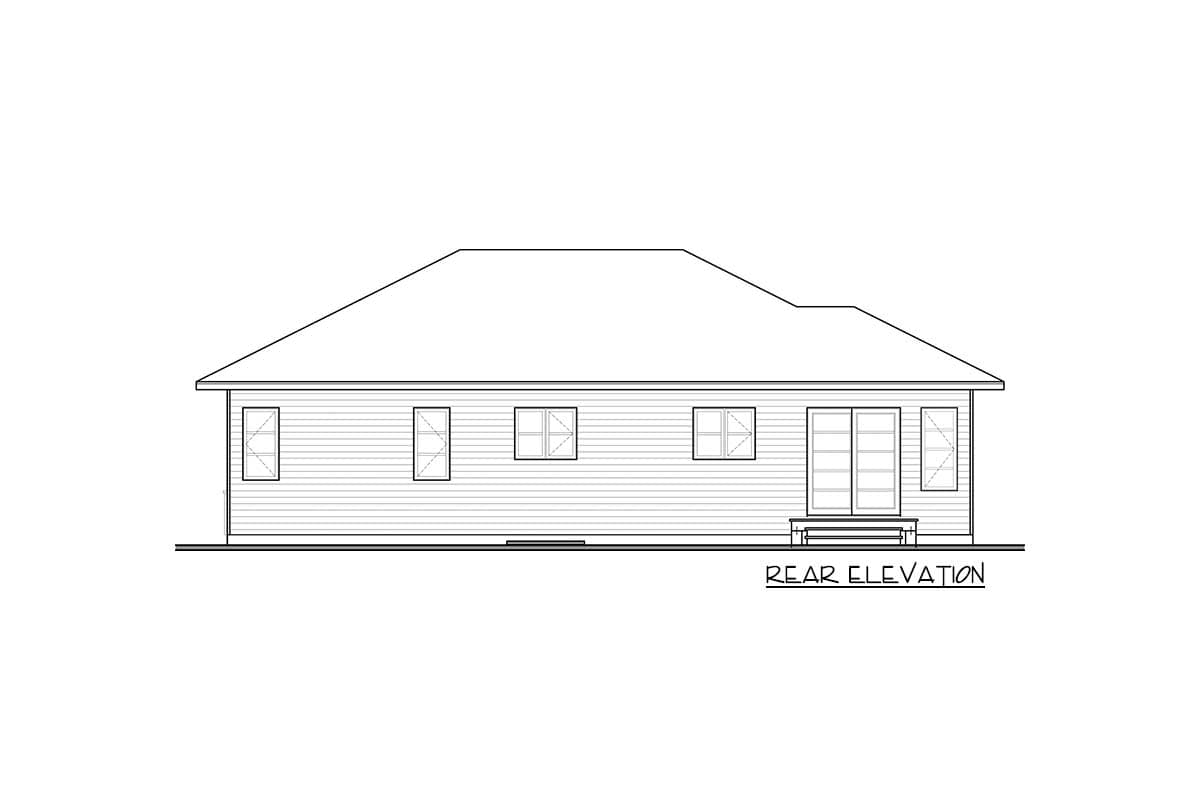 Rear elevation drawing of a house plan featuring a sloped roofline, multiple windows, and double glass doors.