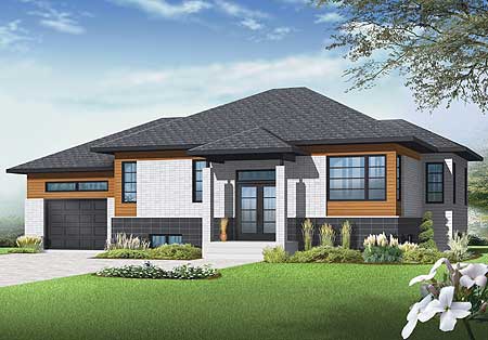 Modern house plan exterior with attached garage, hip roof, large windows, and contrasting brick and wood accents.