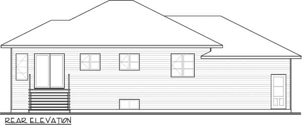 Rear elevation drawing of a house plan featuring double doors with stairs, multiple windows, and a single exterior door.