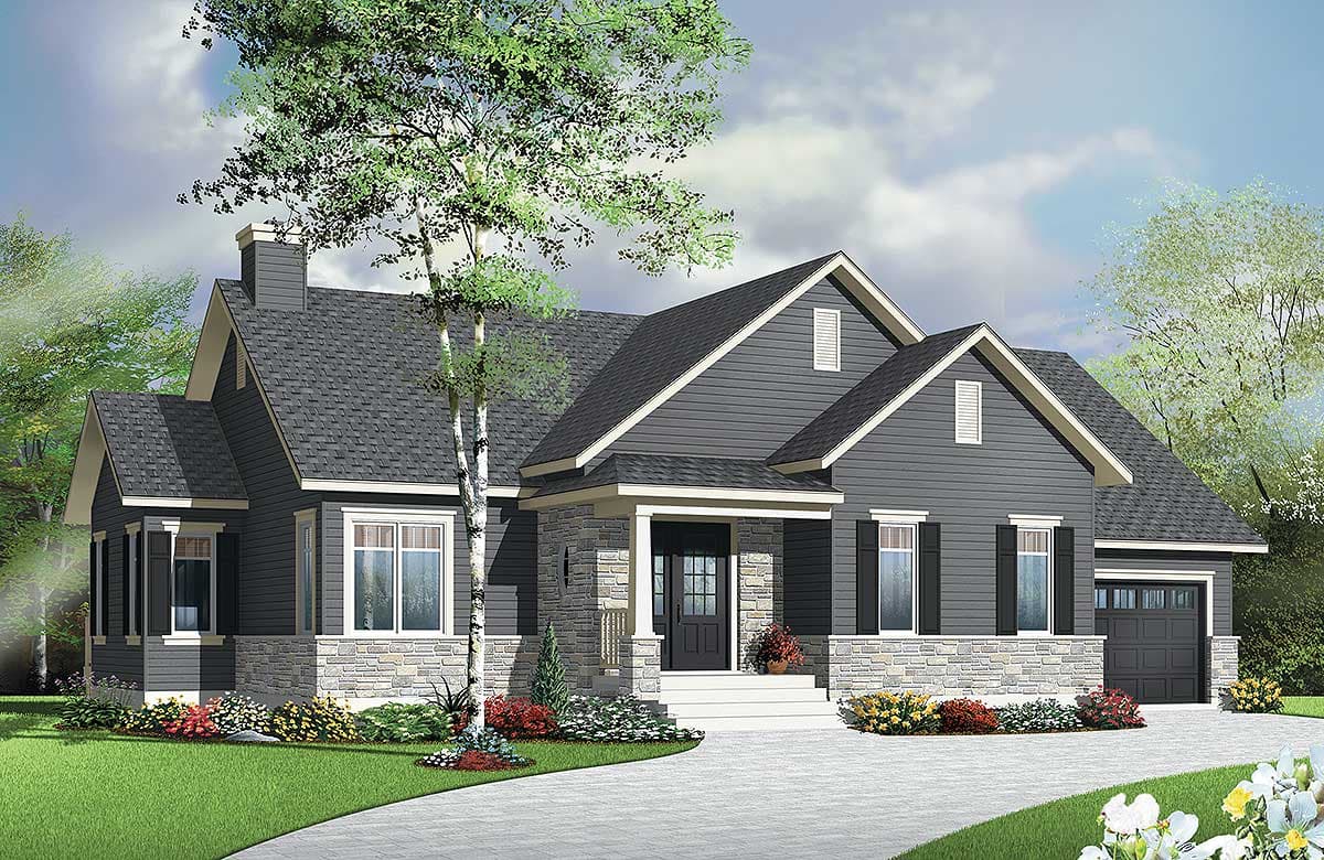 House plan exterior: Contemporary style, one-story home with stone accents, prominent gables, covered entry, and attached garage.