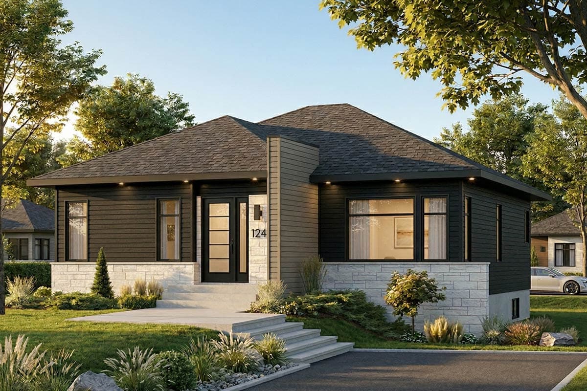 House plan exterior with modern style, one story, and flat roof. Features include a low wall, large windows, and an entrance with a glass door.