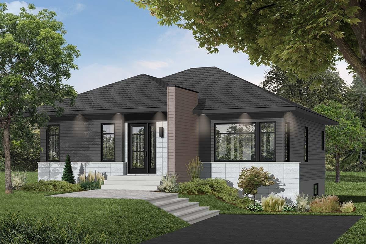 House plan exterior: One-story modern home with a dark gable roof, horizontal siding, stone foundation, and a central entry with double glass doors.
