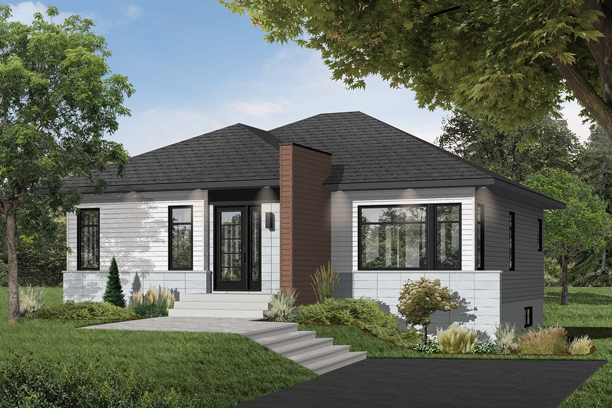 House plan exterior for a single-story home with a hipped roof, prominent brick chimney, and mixed siding materials.