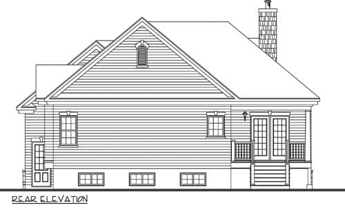 Rear elevation drawing of a two-story house with gables, dormer window, chimney, and rear porch with double doors.