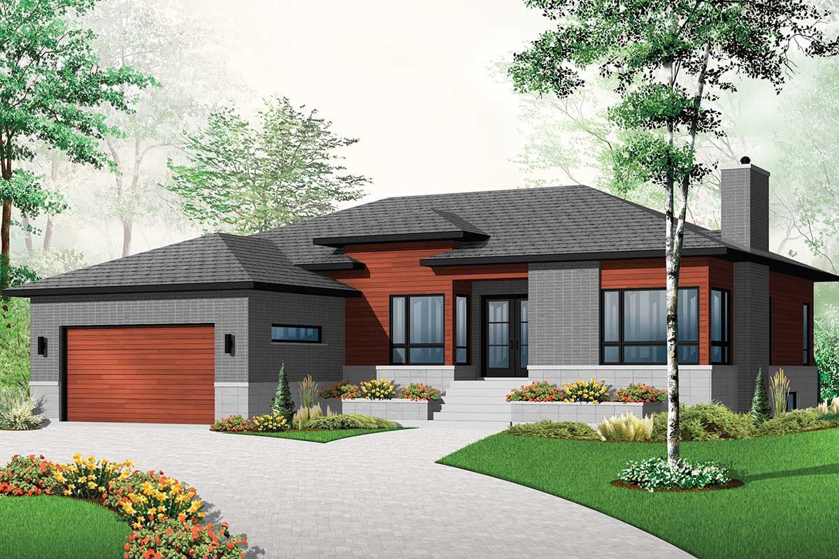 Modern house plan exterior with a single-story layout, attached garage, prominent chimney, and mixed facade materials.