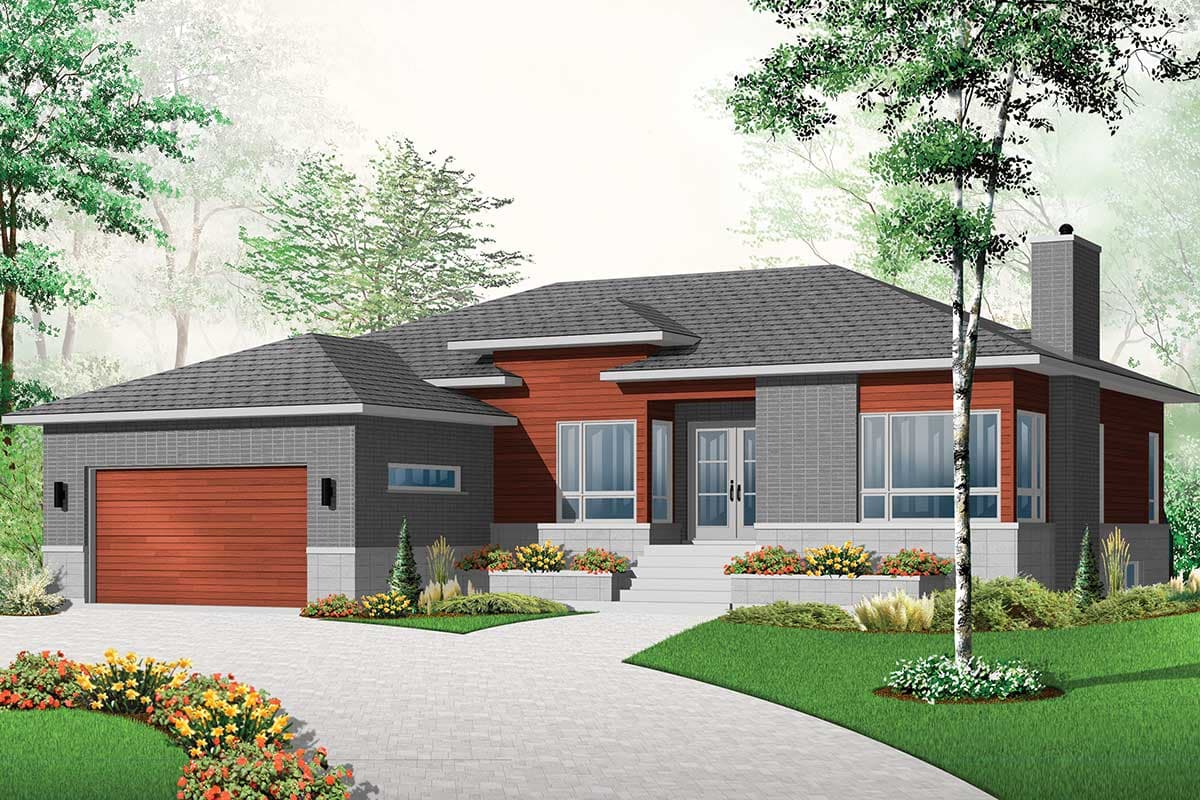 Modern house plan exterior with a two-car garage, hip roof, brick and wood siding, and prominent chimney.