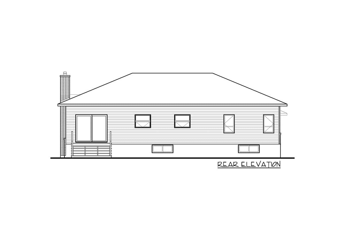 Rear elevation of a house plan featuring a brick chimney, sliding glass doors, and several windows.